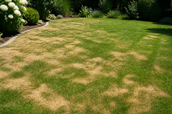 Rasen wird im Sommer stellenweise gelb, während Teile der Gartenfläche noch grün sind