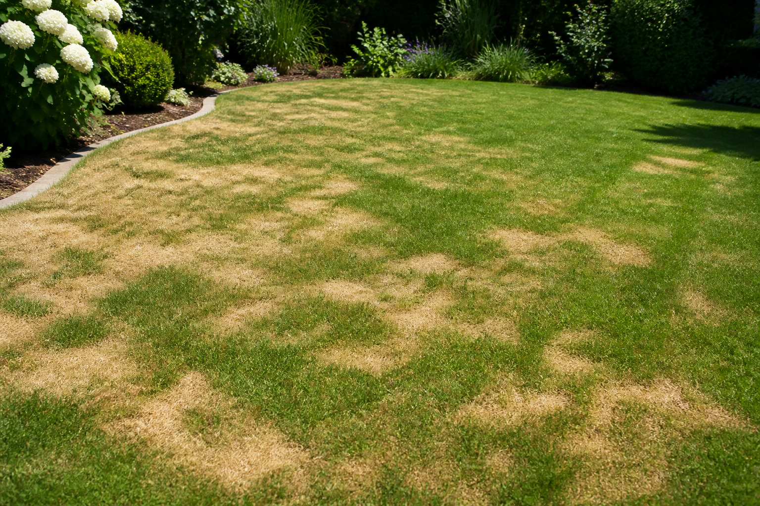 Rasen wird im Sommer stellenweise gelb, während Teile der Gartenfläche noch grün sind