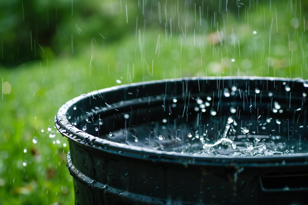 Regentropfen fallen in eine volle dunkle Regentonne im Garten.