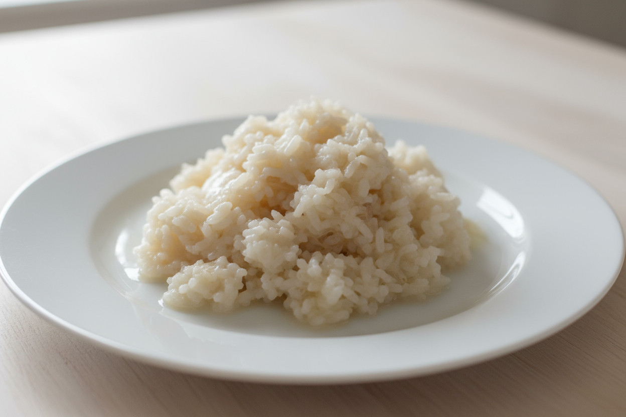 Nahaufnahme eines Tellers mit weich gekochtem, leicht matschigem Reis