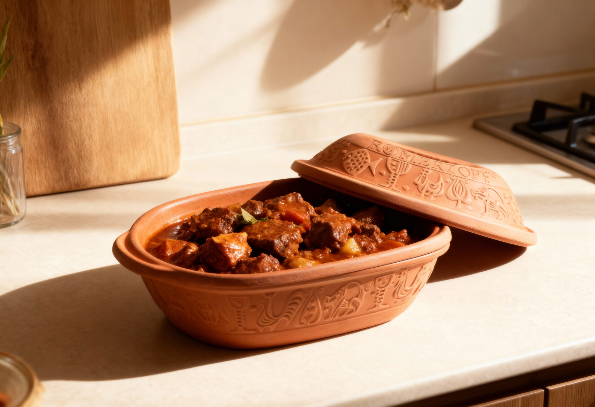 Offener Römertopf aus Terrakotta mit saftigem Schmorgericht in heller Küche.