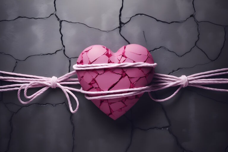 Rosa zerbrochenes Herz, von rosa Seilen umwickelt, vor rissigem Hintergrund