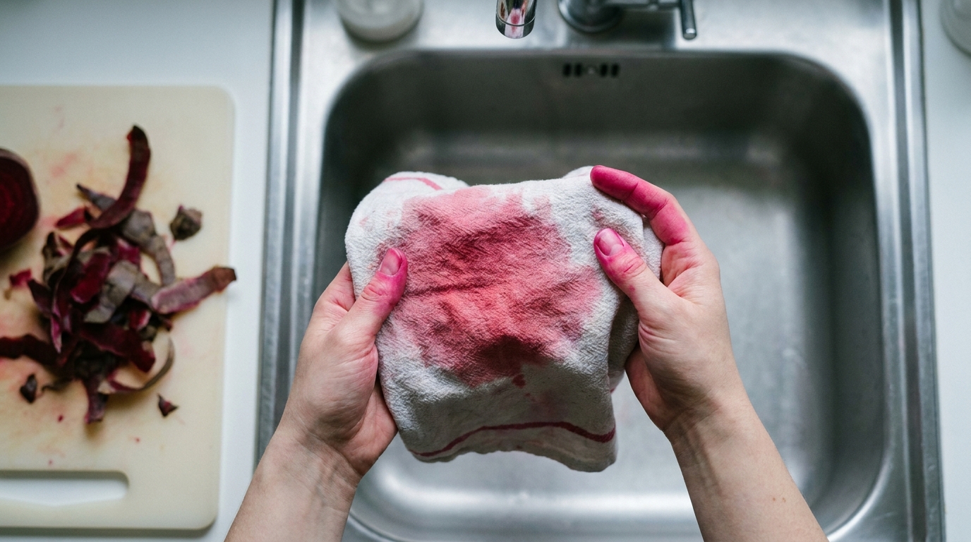 Pink verfärbte Finger und ein Küchentuch mit Rote-Bete-Fleck über einer Edelstahlspüle