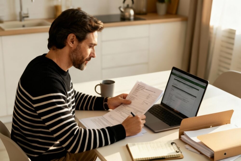 Mann füllt zu Hause Unterlagen für Arbeitssuchend- und Arbeitslosmeldung am Laptop aus; Ordner, Notizblock, Kaffee - erster Schritt nach Kündigung.