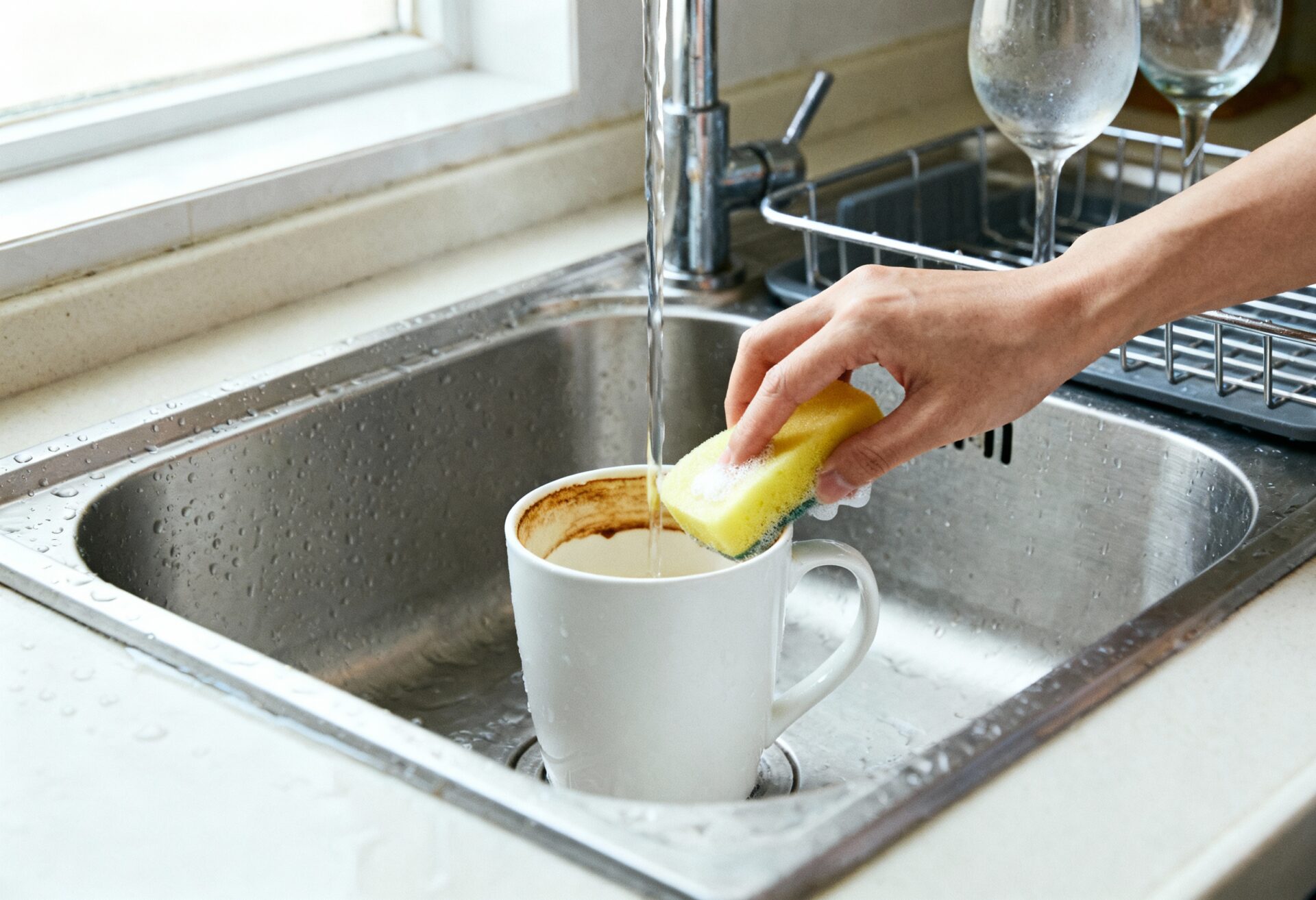 Hand reinigt eine weiße Tasse mit braunem Kaffeerand unter fließendem Wasser; gelber Schwamm, Spüle, im Hintergrund milchige Gläser im Abtropfgestell.
