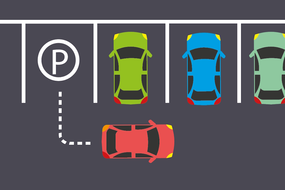 Illustration eines roten Autos, das rückwärts in eine Parklücke einparkt – mit gestrichelter Linie zur Verdeutlichung der Einparkrichtung.
