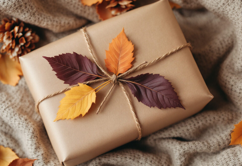 Ein in Packpapier verpacktes Geschenk, dekoriert mit Herbstblättern in Gelb- und Rottönen, gebunden mit Juteschnur.