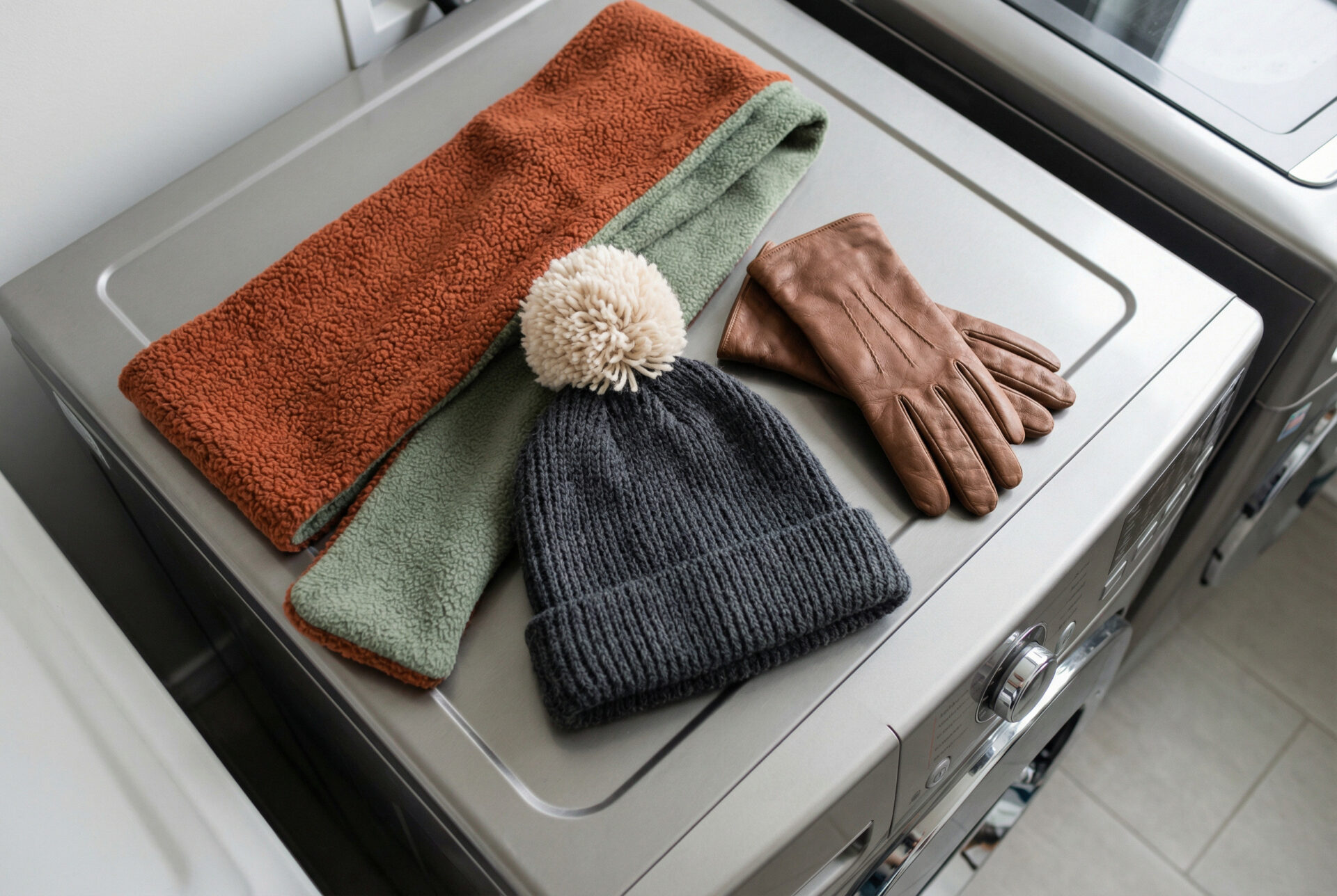 Schal, Mütze und Handschuhe waschen: Winteraccessoires liegen auf einer Waschmaschine – Fleece-Schal, Strickmütze mit Bommel und Lederhandschuhe.