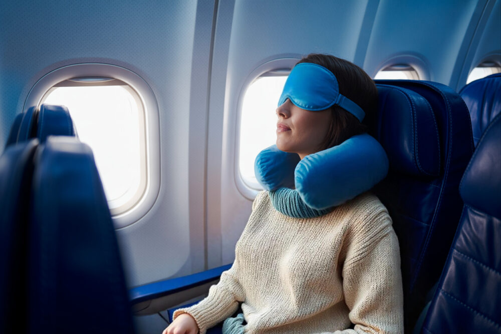 Frau schläft im Flugzeug mit Nackenkissen und Schlafmaske.