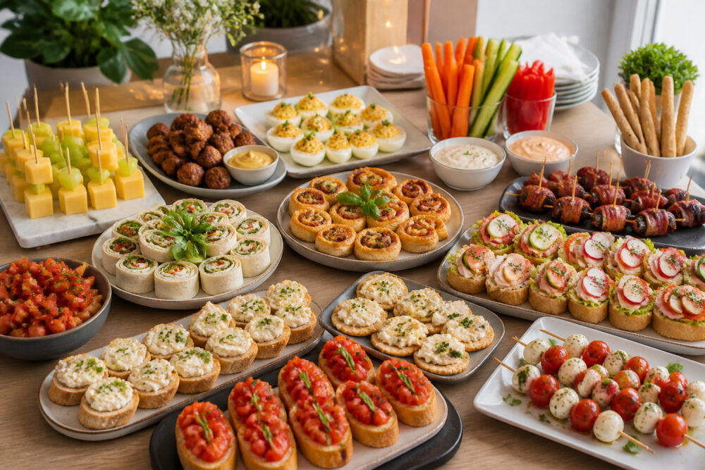 Partybuffet mit am Vortag vorbereitetem Fingerfood wie Wrap-Röllchen, Mini-Frikadellen, gefüllten Eiern, Gemüsesticks, Bruschetta und Caprese-Spießen