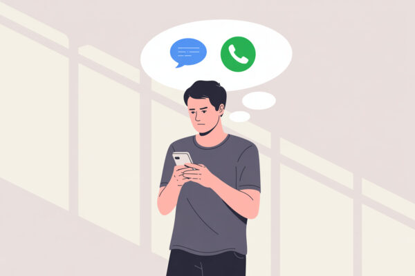 Mann schaut nachdenklich aufs Smartphone – schreiben oder anrufen?