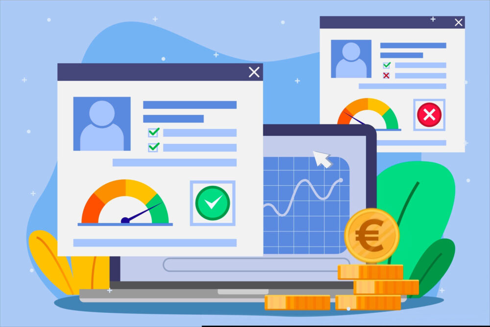 SCHUFA-Auskunft beantragen: Illustration mit Laptop, Bonitätsprüfung und digitalen Auskunftsdaten