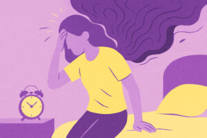 Illustration einer Frau, die beim Aufstehen schwarz vor Augen wird, in freundlichen Lila- und Gelbtönen gestaltet, abstrakt und modern.