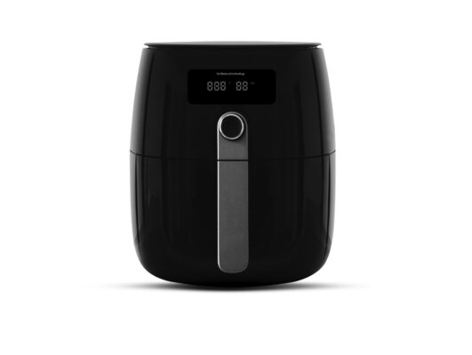 Schwarzer Airfryer mit digitalem Bedienfeld und rundem Drehknopf an der Front vor weißem Hintergrund.
