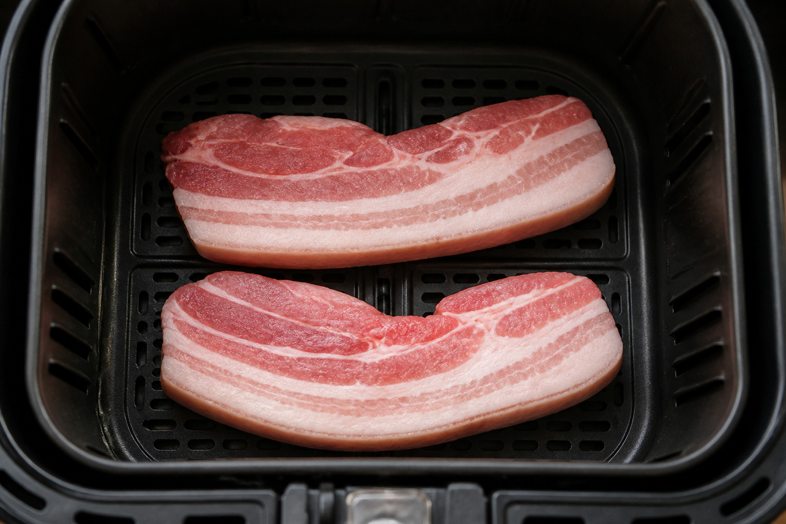 Rohe Schweinebauchscheiben in der Heißluftfritteuse vor dem Garen