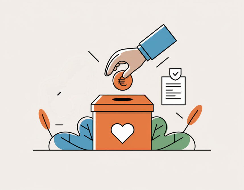 Illustration einer Hand, die eine Euromünze in eine Spendenbox mit Herzsymbol wirft. Ein Dokument mit Häkchen symbolisiert Sicherheit und Transparenz beim Spenden.