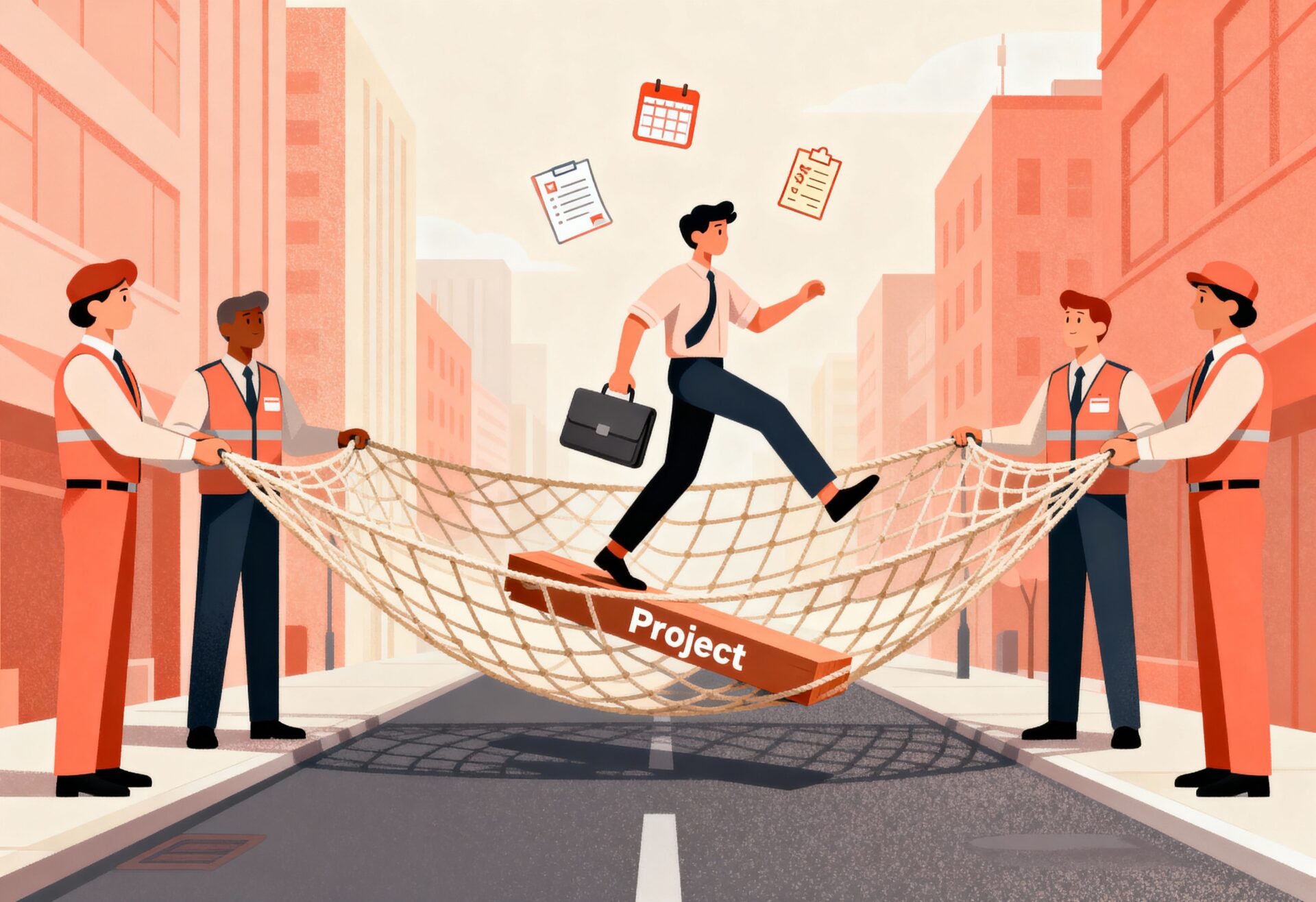 Illustration: Freiwillige Arbeitslosenversicherung als Sicherheitsnetz - Mitarbeiter der Arbeitsagentur halten ein Netz, in das ein Selbstständiger nach Projektabbruch sicher fällt.