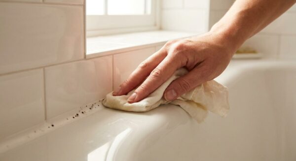 Eine Hand wischt mit einem hellen Lappen über eine weiße Silikonfuge mit schwarzen Schimmelpunkten am Rand einer Badewanne.