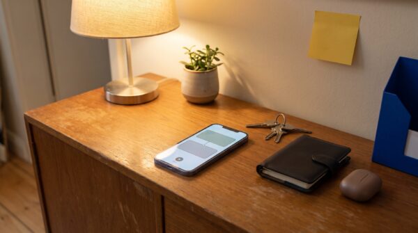 Ein Smartphone zeigt auf einem hölzernen Sideboard einen Ablauf aus zwei digitalen Aktionen; daneben liegen Schlüssel, Terminplaner und Ohrhörer.