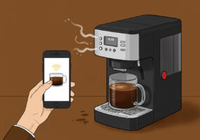 Illustration der Bedienung einer smarten Kaffeemaschine per App.