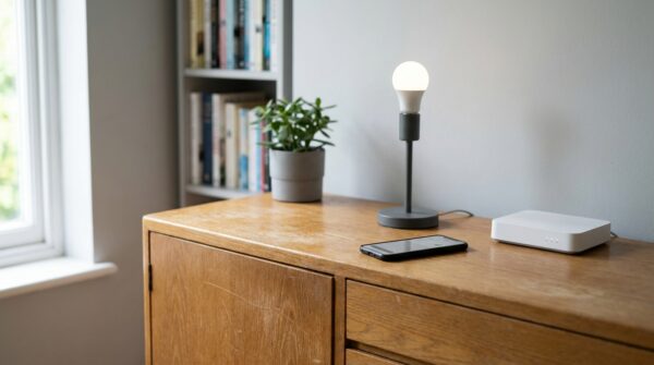 Leuchtende smarte Tischlampe neben Router und Smartphone im Wohnzimmer