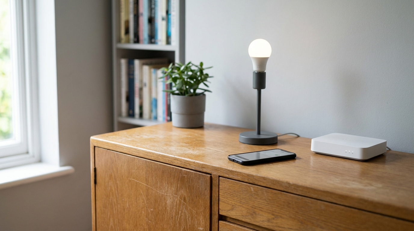 Leuchtende smarte Tischlampe neben Router und Smartphone im Wohnzimmer
