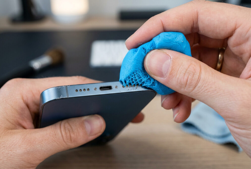 Hand reinigt die Lautsprecheröffnung eines Smartphones mit blauer Reinigungsknete, um Staub und Fussel aus dem Gitter zu entfernen