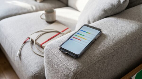 Smartphone mit unbeschrifteter Speicherübersicht auf einer grauen Sofa-Armlehne