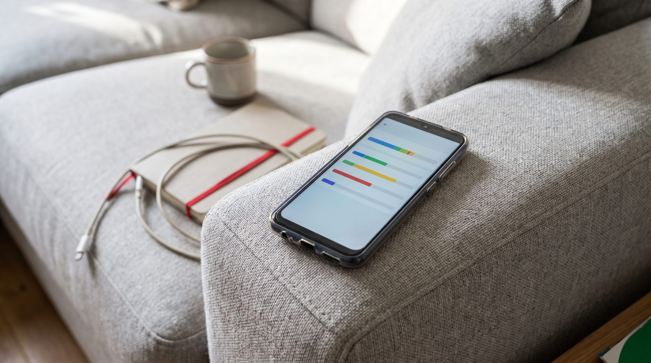 Smartphone mit unbeschrifteter Speicherübersicht auf einer grauen Sofa-Armlehne