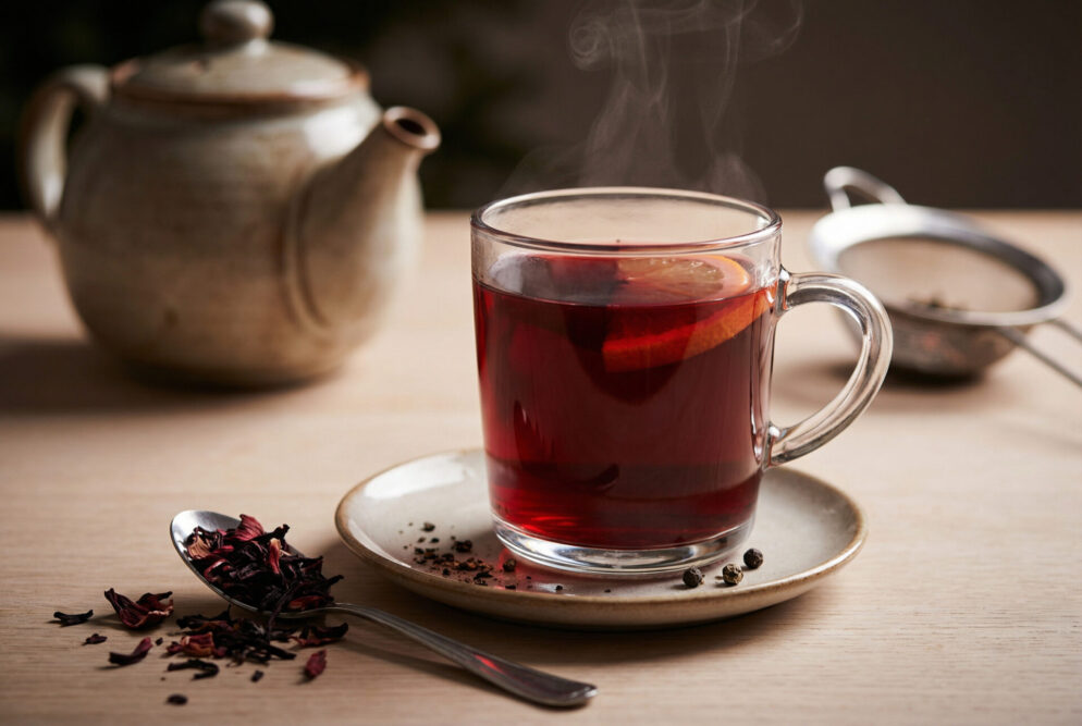 Dampender Smoky Hibiskus-Punsch als alkoholfreie Glühwein-Alternative in einer Glastasse, mit Orangenscheiben, Hibiskusblüten und Pfefferkörnern auf hellem Holztisch, Teekanne und Sieb im Hintergrund.
