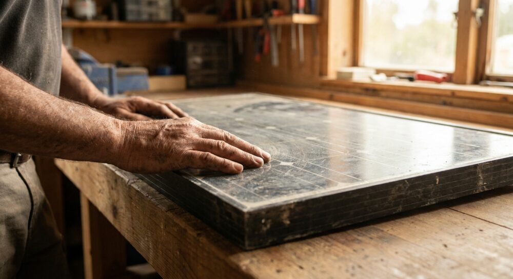 Eine Hand streicht über die matte, verwitterte Oberfläche eines alten Solarmoduls, das auf einer Werkbank liegt.