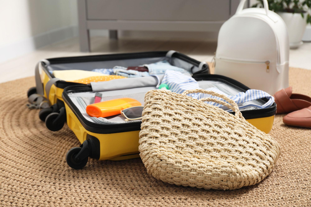 Offener Koffer mit Kleidung und Sonnencreme für die Reise