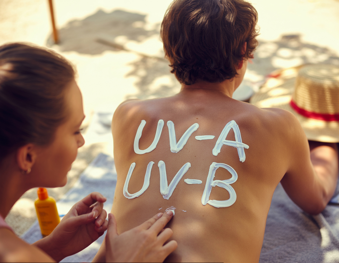 Sonnencreme-Schriftzüge „UV-A“ und „UV-B“ auf dem Rücken eines Mannes am Strand