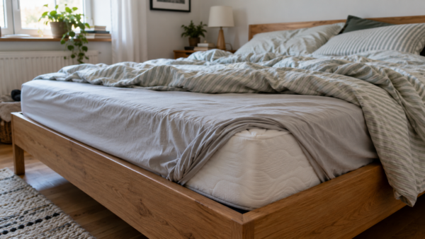 Eine Ecke des Spannbettlakens hat sich von der Matratze gelöst, während das Bett zerwühlt im Schlafzimmer steht.