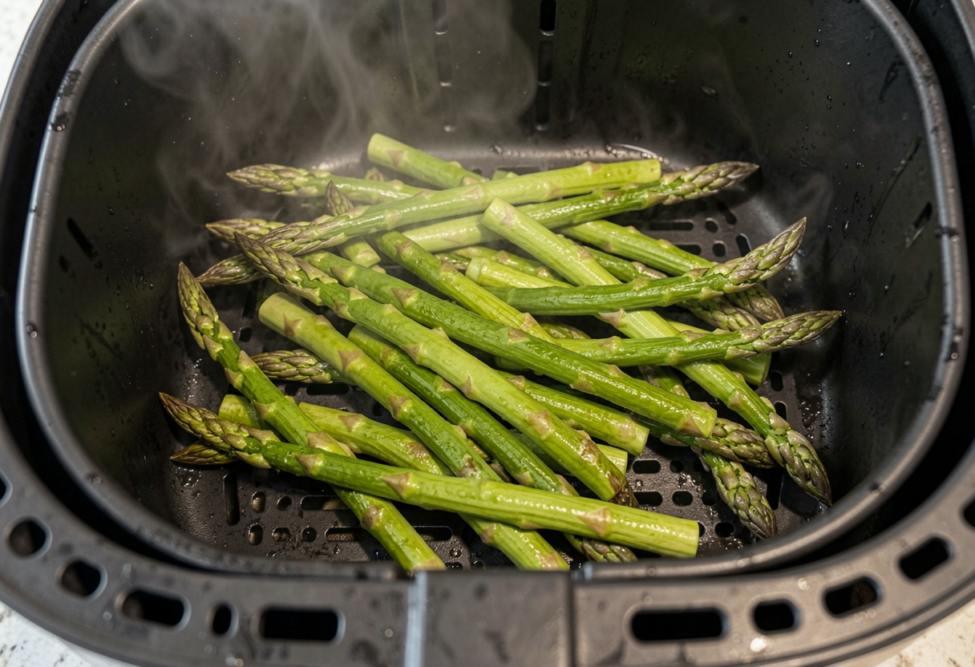 Grüner Spargel im Airfryer-Korb mit leichtem Dampf