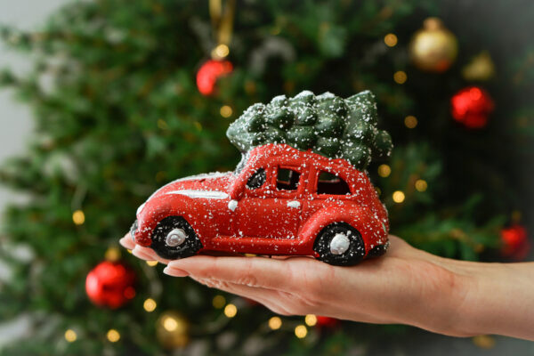 Eine Hand hält ein rotes Spielzeugauto mit einem kleinen Weihnachtsbaum auf dem Dach vor einem geschmückten Tannenbaum.