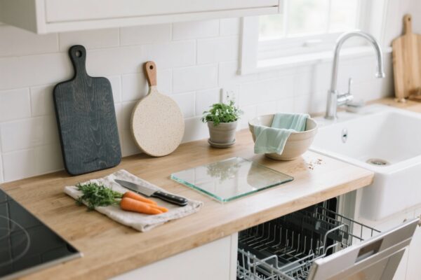 Helle Küche mit mehreren Schneidebrettern: dunkles Brett und rundes beiges Brett an der Wand, quadratisches Glasbrett auf der Arbeitsplatte, offene Spülmaschine; daneben Messer und Karotten - zeigt spülmaschinenfeste Schneidebrett-Alternativen.