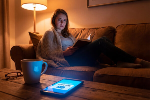 Eine Frau sitzt abends gemütlich mit Decke und Buch auf dem Sofa, blickt jedoch gestresst und genervt auf ihr Smartphone im Vordergrund, dessen Display hell aufleuchtet und den Eingang einer neuen E-Mail anzeigt; Symbolbild für die Unterbrechung der Erholung durch berufliche Nachrichten.