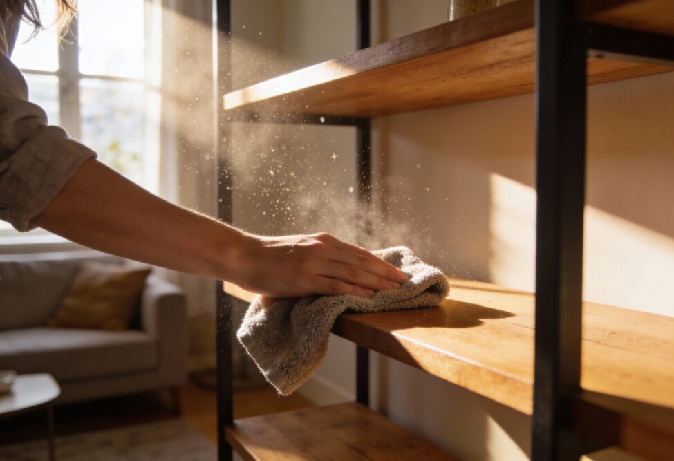 Person wischt Möbeloberfläche mit einem Mikrofasertuch, Staubpartikel im Lichtstrahl - Symbolbild für viel Staub trotz Putzen und Tipps zur Staubreduzierung.