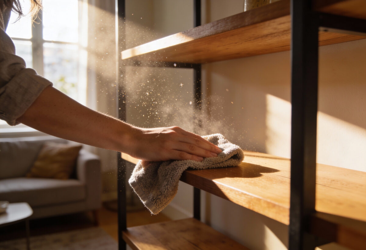 Person wischt Möbeloberfläche mit einem Mikrofasertuch, Staubpartikel im Lichtstrahl - Symbolbild für viel Staub trotz Putzen und Tipps zur Staubreduzierung.