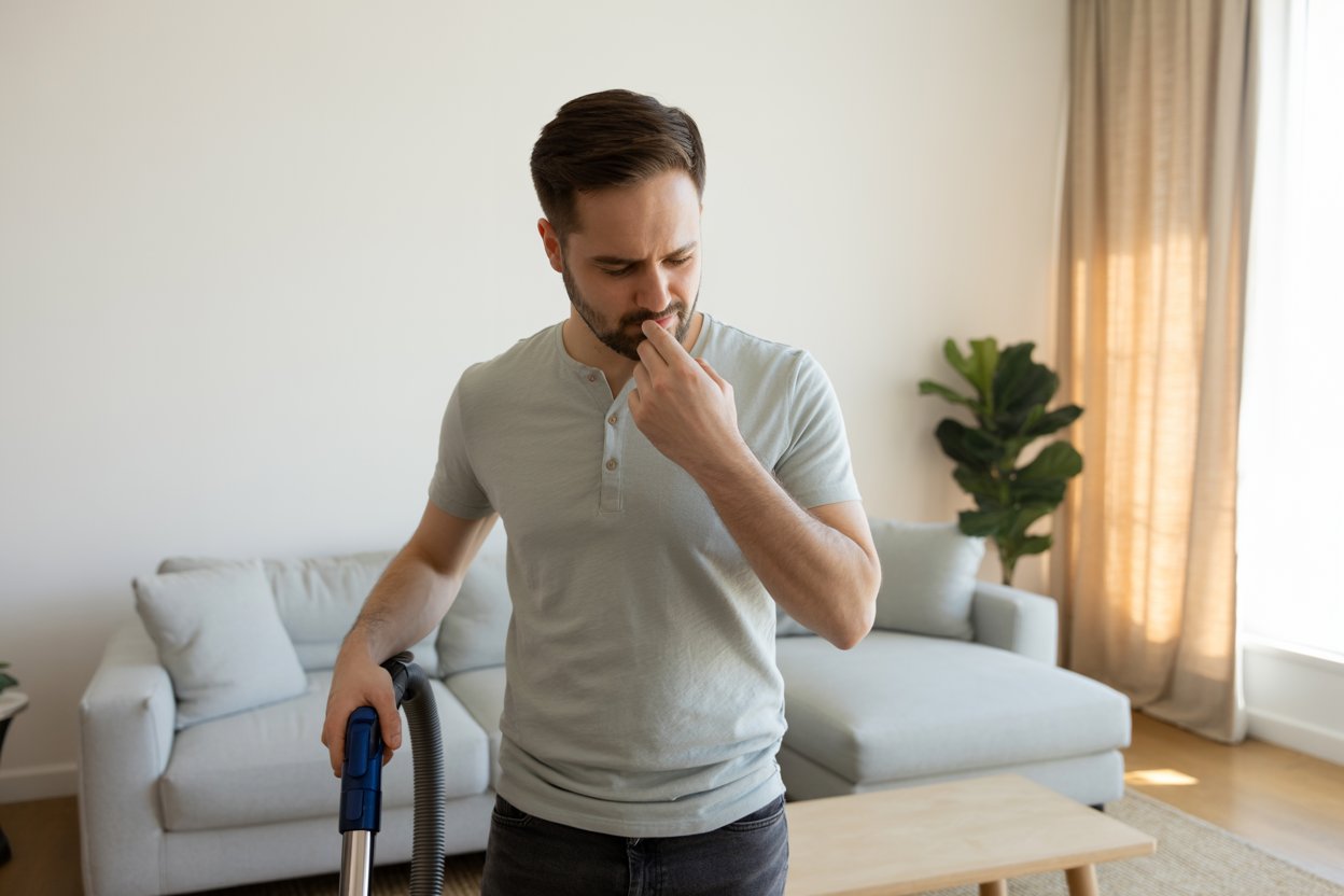 Mann hält Staubsauger und reagiert auf unangenehmen Geruch
