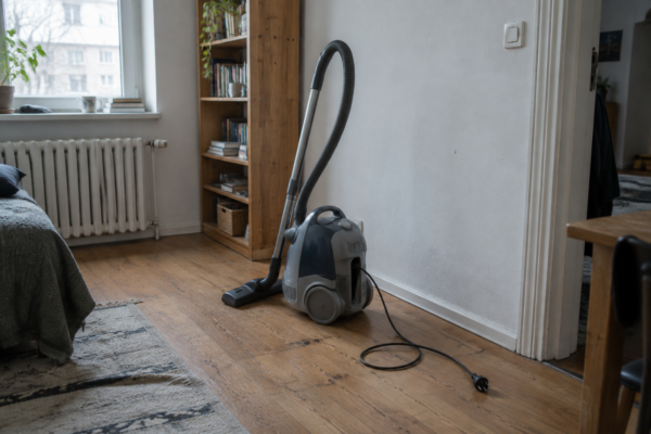 Bodenstaubsauger mit halb eingezogenem Stromkabel auf einem Holzboden