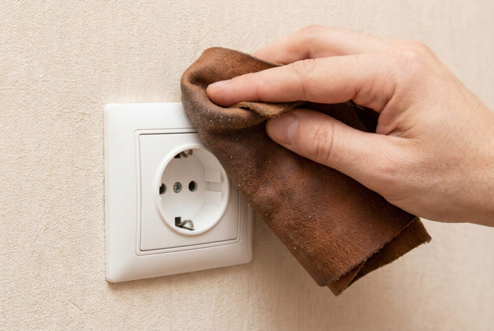 Steckdosen reinigen: Eine Hand wischt eine weiße Steckdose an der Wand mit einem trockenen Ledertuch ab.