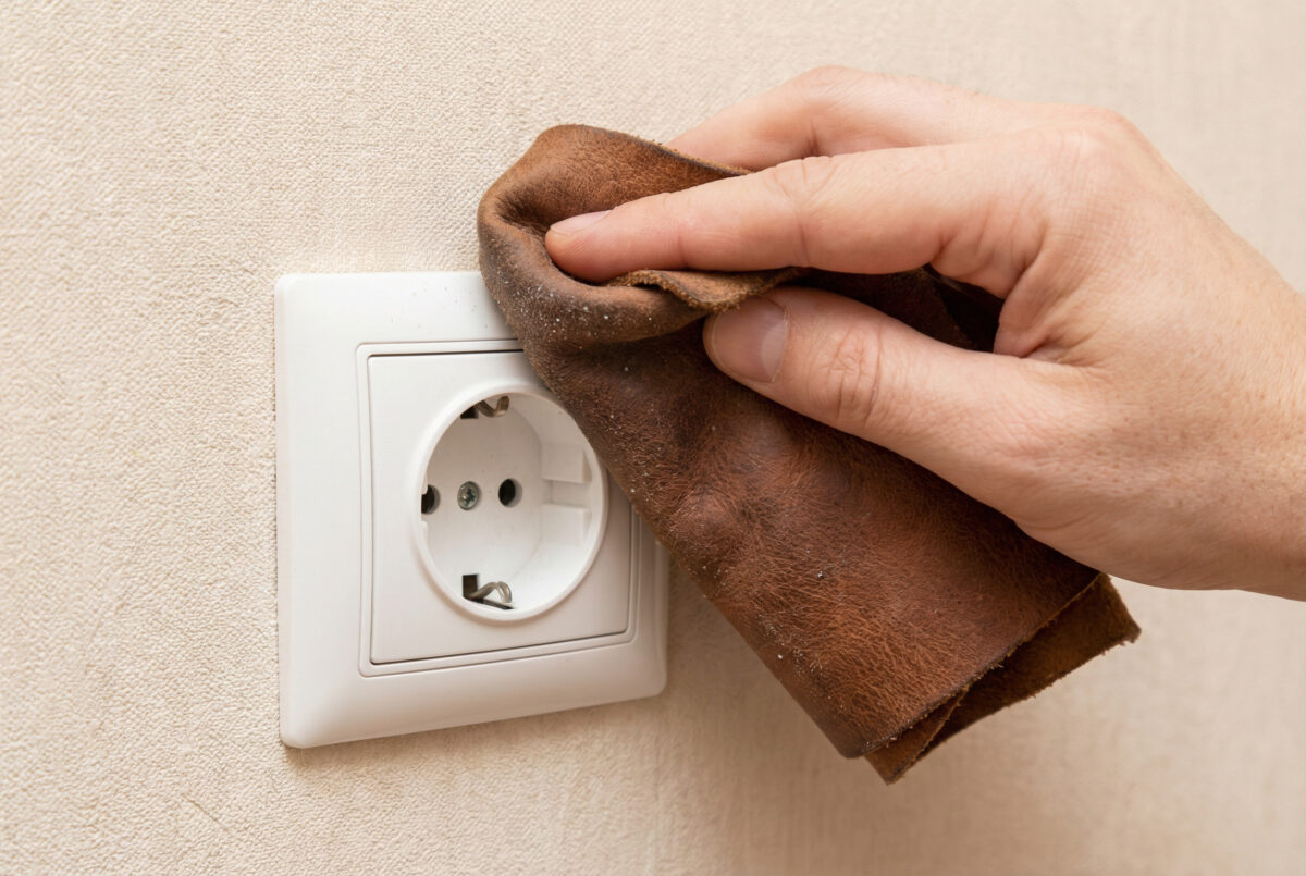 Steckdosen reinigen: Eine Hand wischt eine weiße Steckdose an der Wand mit einem trockenen Ledertuch ab.