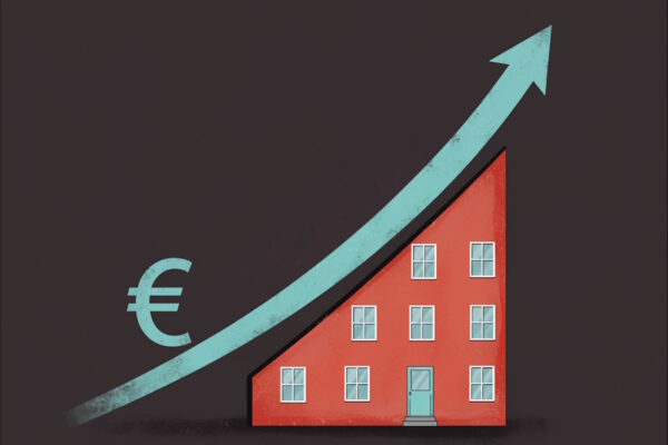 Illustration eines roten Wohnhauses mit steigender Kurve und Eurozeichen auf dunklem Hintergrund, symbolisiert Miete erhöhen.