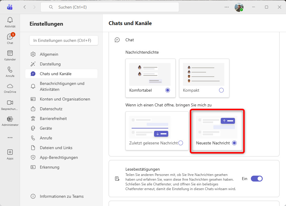 Teams scrollt automatisch nach oben: Screenshot der Teams-Einstellungen „Chats und Kanäle“, bei dem „Neueste Nachricht“ (rot markiert) als Ziel beim Öffnen eines Chats ausgewählt wird.