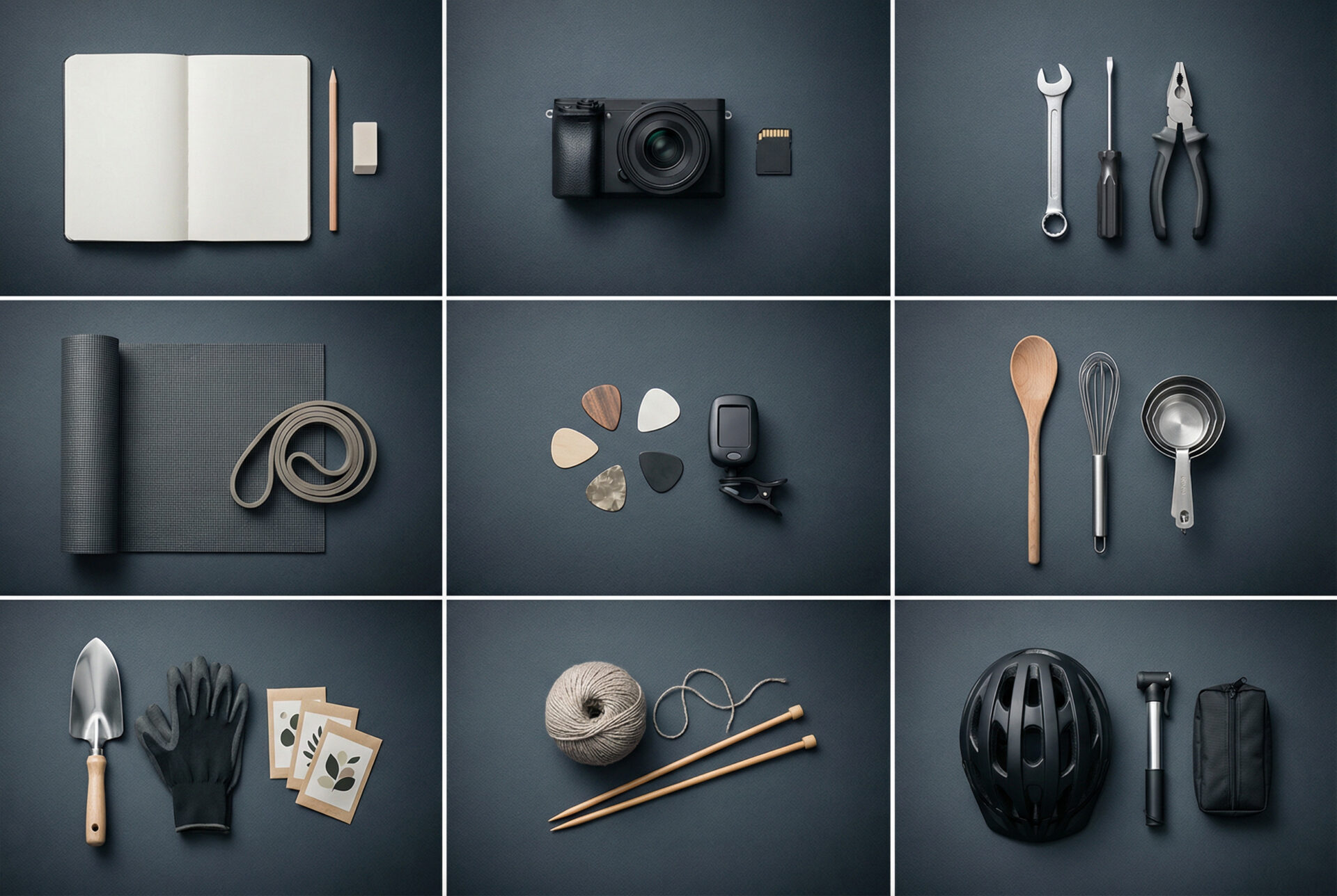 3x3-Collage mit Einsteiger-Equipment fürs neue Hobby (Notizbuch, Kamera, Werkzeuge, Yoga-Matte, Küchenhelfer, Garten-Set, Stricknadeln, Fahrradhelm)