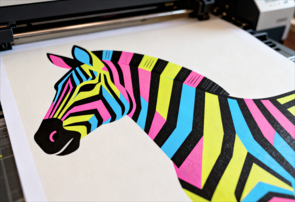 Tintenstrahldrucker oder Laserdrucker: Farbdruck mit buntem Zebra-Motiv wird im Drucker ausgegeben.
