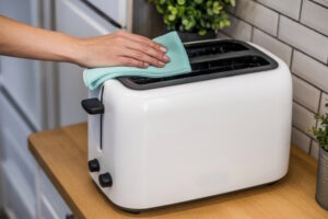 Hand reinigt einen weißen Toaster mit einem Mikrofasertuch auf einer Küchenarbeitsplatte.