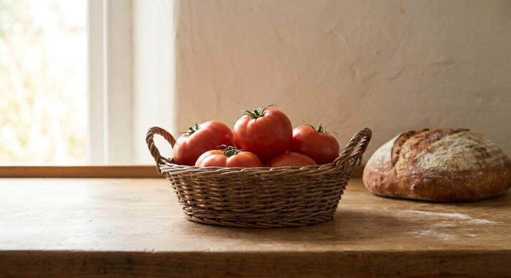 Ein Korb mit reifen, roten Tomaten steht auf einer Holzplatte in einer Küche, ideal bei Zimmertemperatur gelagert.